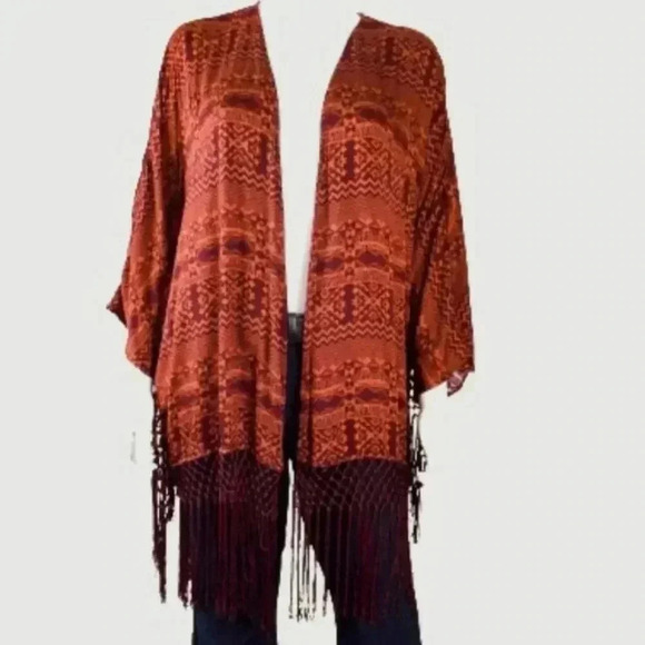 Forever21 Contemporary Open Front Kimono Cardigan Boho Aztec Print Fringe S NWOT - Picture 4 of 6